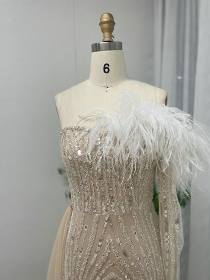 Champagne Sequin Feather Off-The-Shoulder Gala Gown with Side Train MY30099