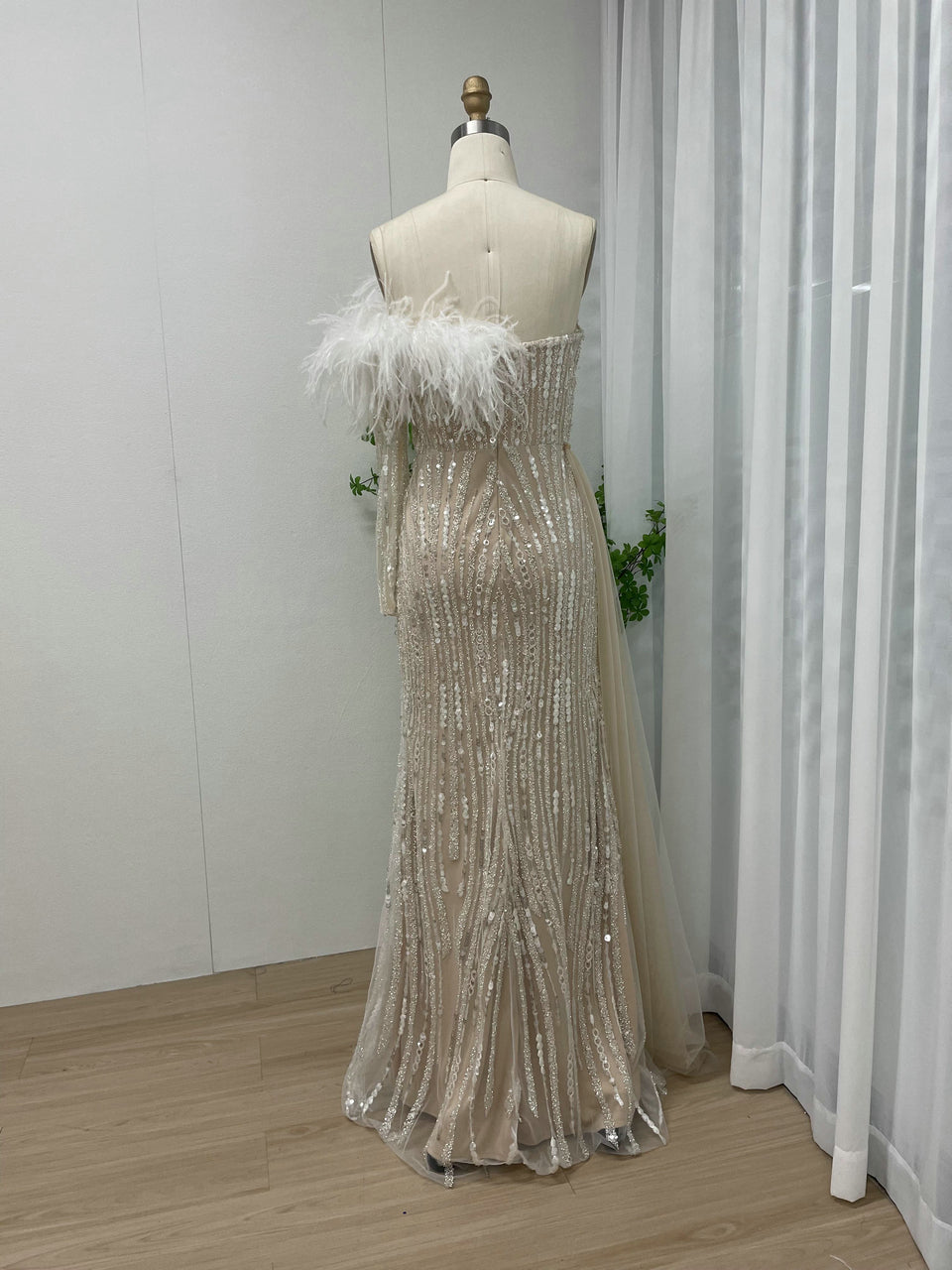 Champagne Sequin Feather Off-The-Shoulder Gala Gown with Side Train MY30099