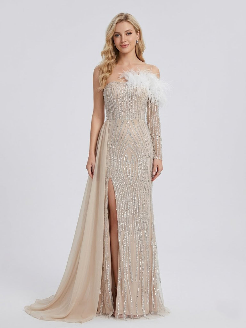 Champagne Sequin Feather Off-The-Shoulder Gala Gown with Side Train MY30099