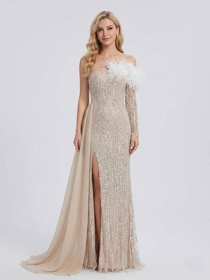 Champagne Sequin Feather Off-The-Shoulder Gala Gown with Side Train MY30099
