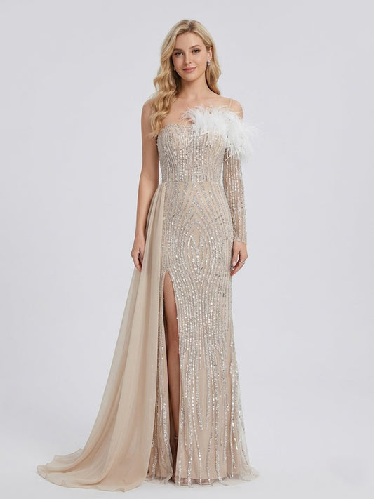 Champagne Sequin Feather Off-The-Shoulder Gala Gown with Side Train MY30099