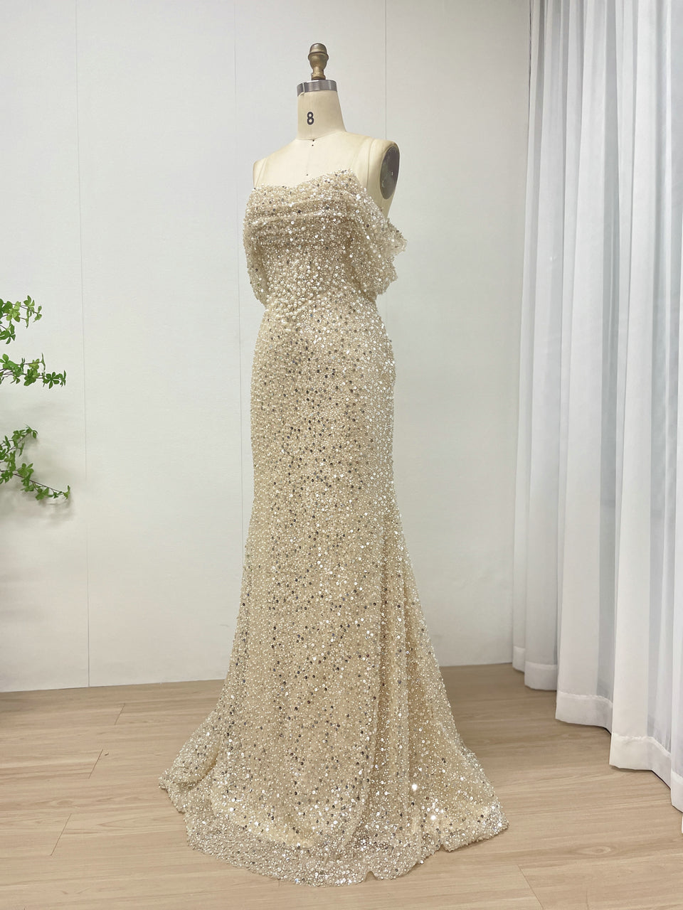 Champagne Off-Shoulder Sequin Evening Dress Train Prom Gala Wear MY30100-2