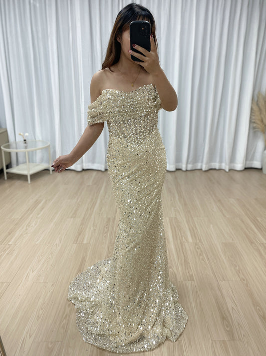 Champagne Off-Shoulder Sequin Evening Dress Train Prom Gala Wear MY30100-2