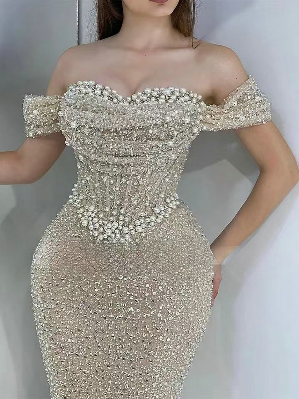 Glamorous Champagne Beaded Strapless Gown for Weddings MY30100
