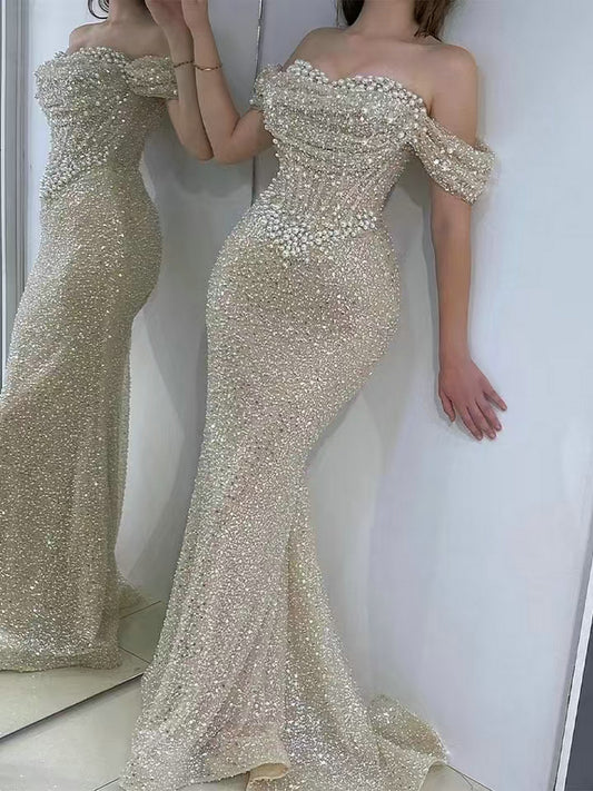 Glamorous Champagne Beaded Strapless Gown for Weddings MY30100