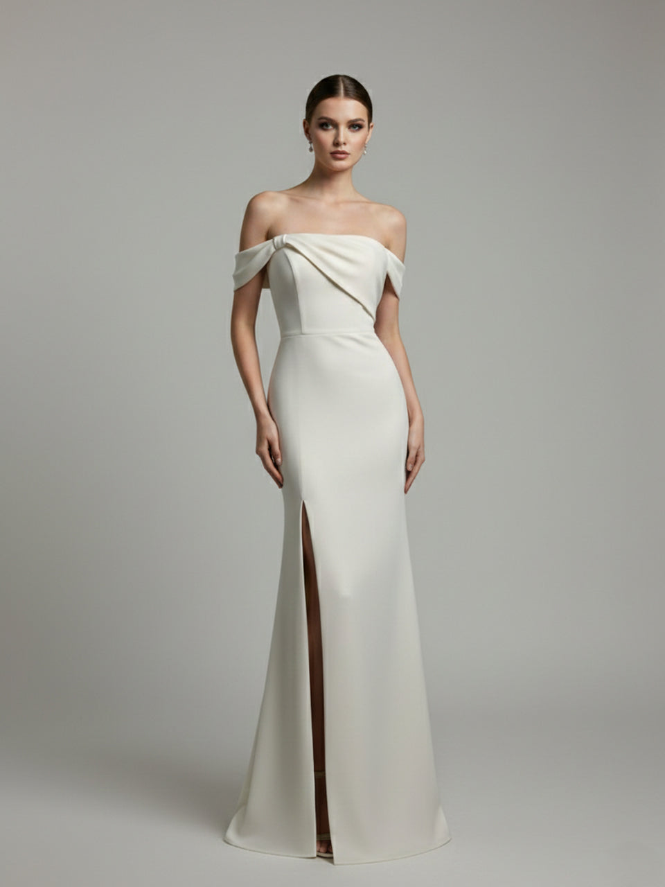 Elegant Ivory Off-the-Shoulder High Slit Evening Gown MY30102
