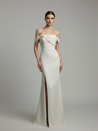 Elegant Ivory Off-the-Shoulder High Slit Evening Gown MY30102