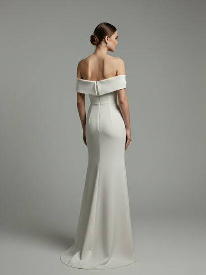 Elegant Ivory Off-the-Shoulder High Slit Evening Gown MY30102