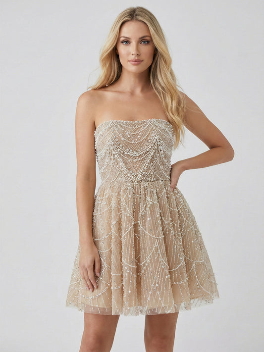 Beaded Champagne Tulle Homecoming Dress - Sparkly Pearl Mini Cocktail Dress MY30105
