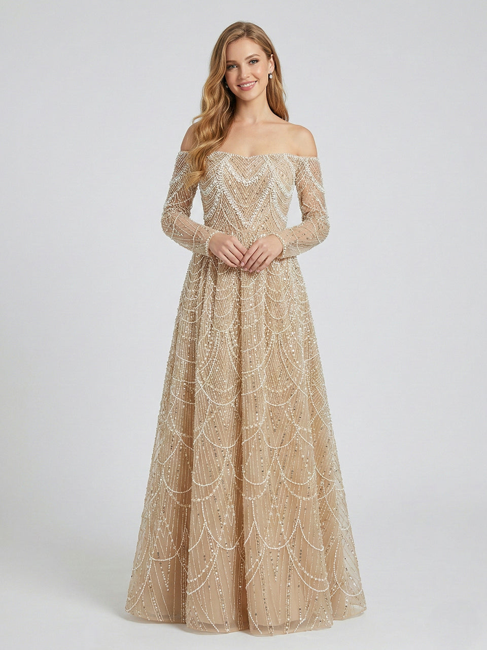 Champagne Beaded Off-the-Shoulder Evening Gown with Long Sleeves MY30105L-2L
