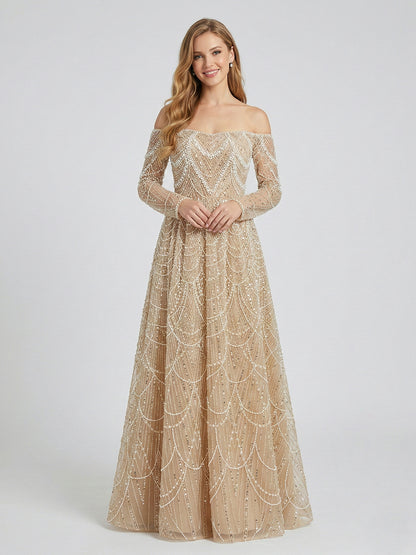 Champagne Beaded Off-the-Shoulder Evening Gown with Long Sleeves MY30105L-2L