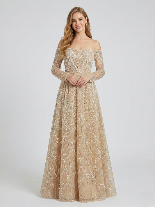 Champagne Beaded Off-the-Shoulder Evening Gown with Long Sleeves MY30105L-2L
