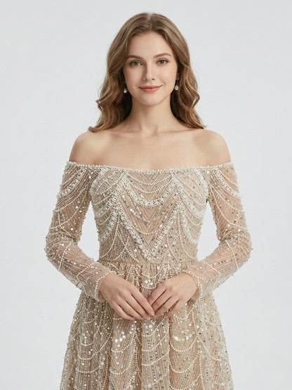 Champagne Beaded Off-the-Shoulder Evening Gown with Long Sleeves MY30105L-2L