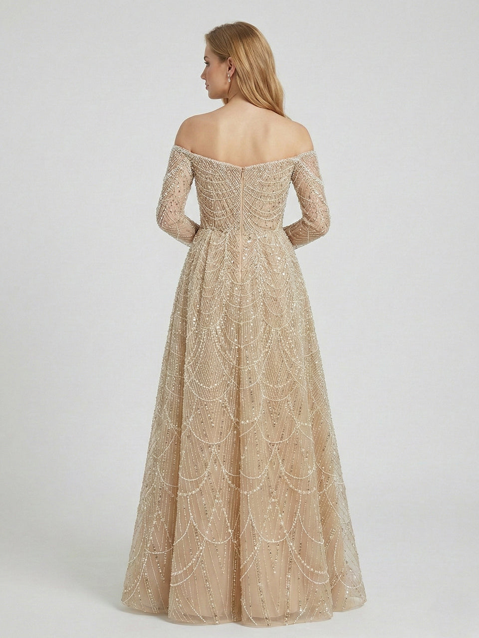 Champagne Beaded Off-the-Shoulder Evening Gown with Long Sleeves MY30105L-2L