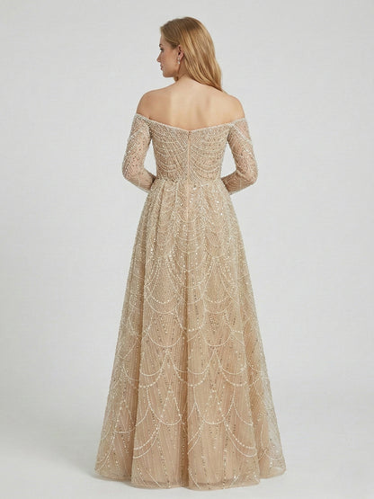 Champagne Beaded Off-the-Shoulder Evening Gown with Long Sleeves MY30105L-2L