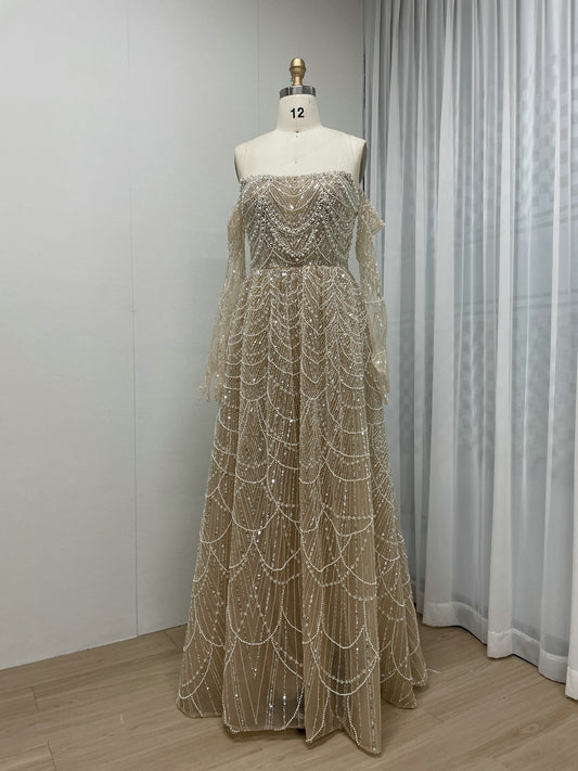 Elegant Champagne Off Shoulder A-Line Beaded Formal Prom Dress MY30105L-3