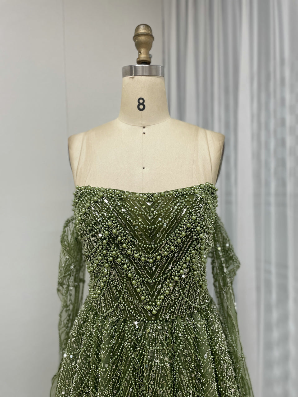 Elegant Champagne Off Shoulder A-Line Beaded Formal Prom Dress MY30105L-3