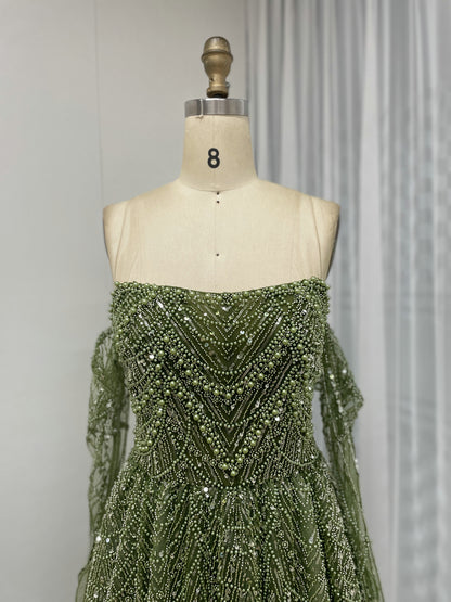 Elegant Champagne Off Shoulder A-Line Beaded Formal Prom Dress MY30105L-3