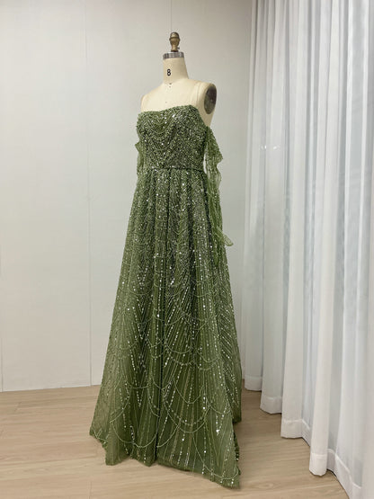 Elegant Champagne Off Shoulder A-Line Beaded Formal Prom Dress MY30105L-3