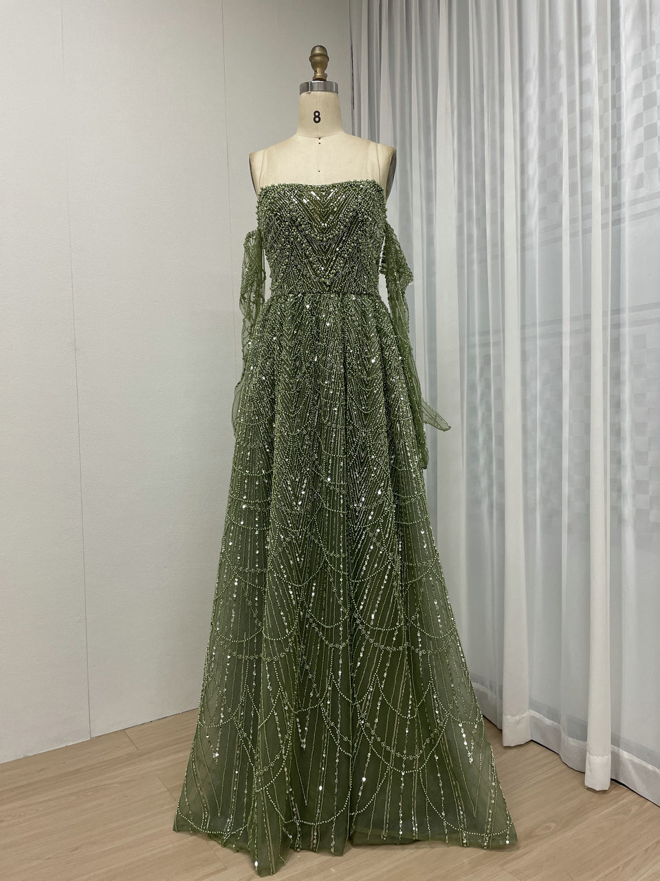 Elegant Champagne Off Shoulder A-Line Beaded Formal Prom Dress MY30105L-3