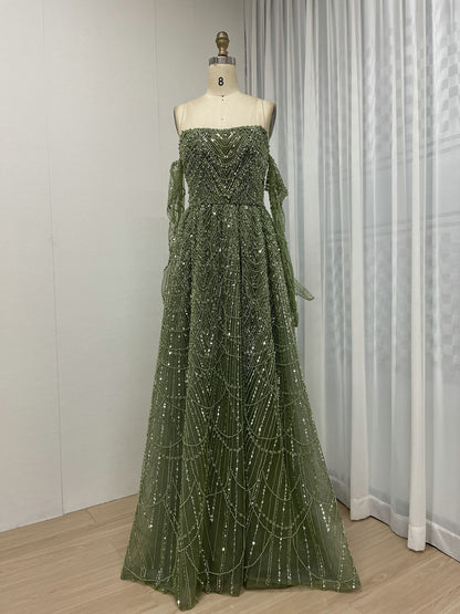 Elegant Champagne Off Shoulder A-Line Beaded Formal Prom Dress MY30105L-3