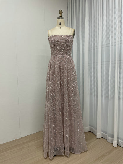Elegant Champagne Off Shoulder A-Line Beaded Formal Prom Dress MY30105L-3