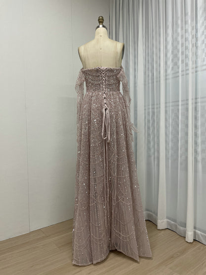 Elegant Champagne Off Shoulder A-Line Beaded Formal Prom Dress MY30105L-3
