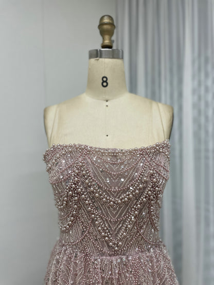 Elegant Champagne Off Shoulder A-Line Beaded Formal Prom Dress MY30105L-3