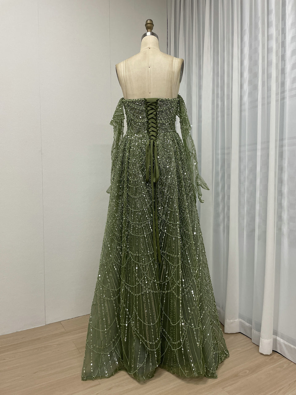 Elegant Champagne Off Shoulder A-Line Beaded Formal Prom Dress MY30105L-3