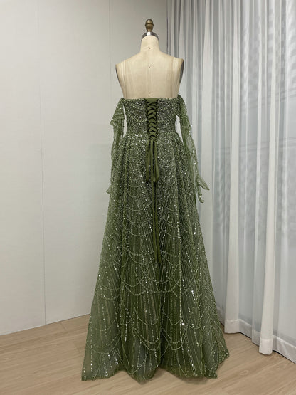 Elegant Champagne Off Shoulder A-Line Beaded Formal Prom Dress MY30105L-3