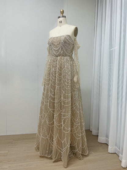 Elegant Champagne Off Shoulder A-Line Beaded Formal Prom Dress MY30105L-3