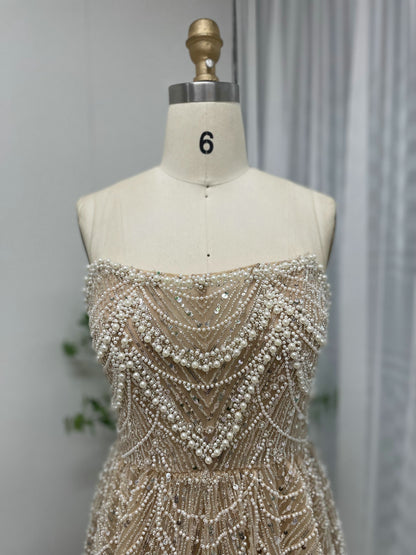 Elegant Champagne Off Shoulder A-Line Beaded Formal Prom Dress MY30105L-3
