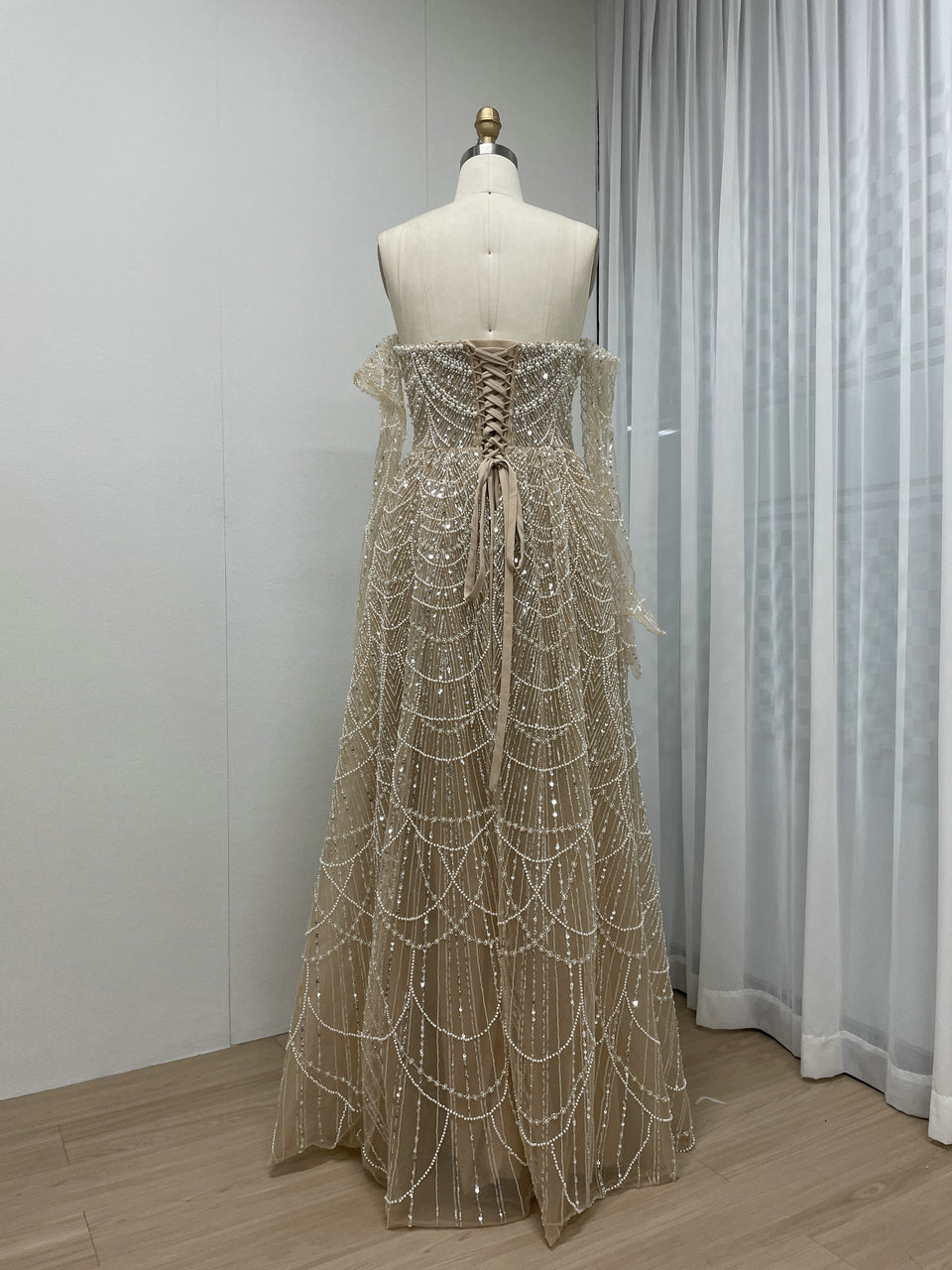 Elegant Champagne Off Shoulder A-Line Beaded Formal Prom Dress MY30105L-3