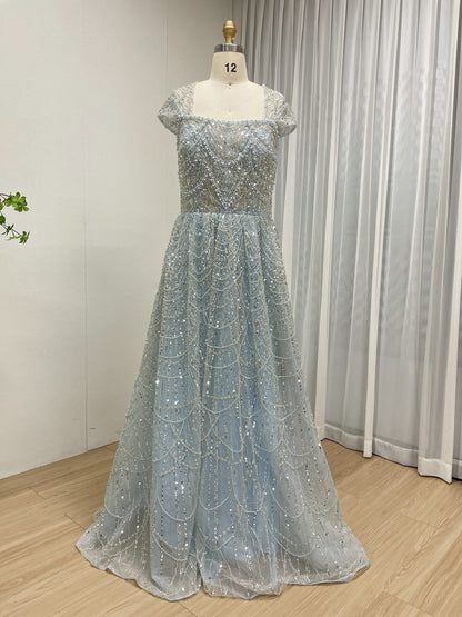 Shimmering Light Blue Beaed A-Line Prom Dress Square Neck Cap Sleeve Gown MY30105L-3B
