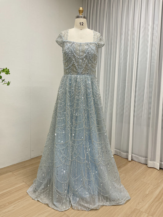 Shimmering Light Blue Beaed A-Line Prom Dress Square Neck Cap Sleeve Gown MY30105L-3B
