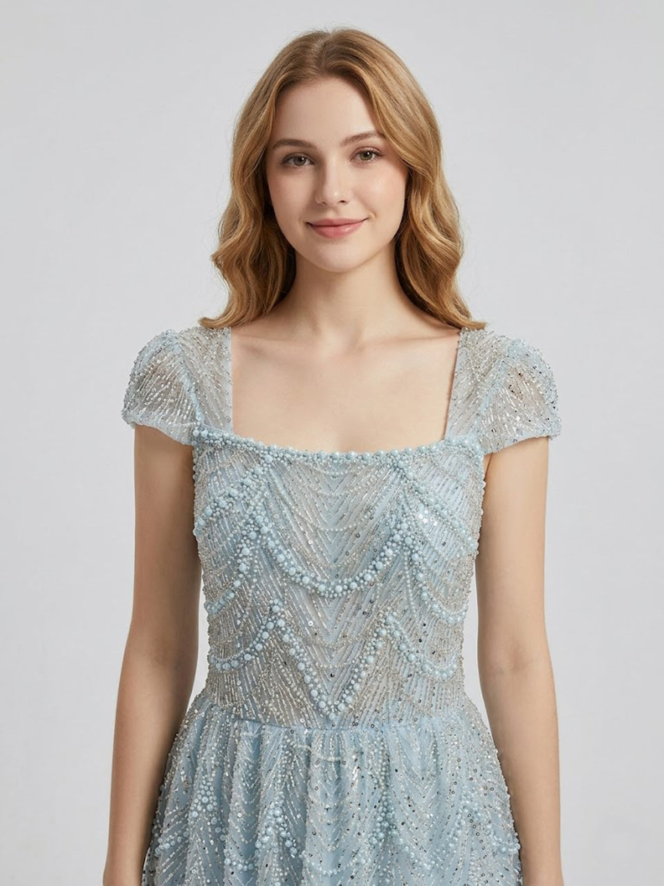 Shimmering Light Blue Beaed A-Line Prom Dress Square Neck Cap Sleeve Gown MY30105L-3B