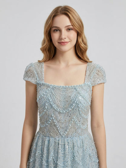 Shimmering Light Blue Beaed A-Line Prom Dress Square Neck Cap Sleeve Gown MY30105L-3B