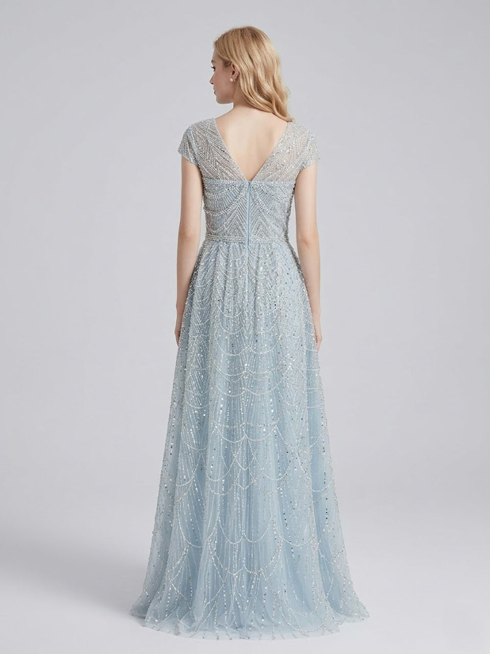 Shimmering Light Blue Beaed A-Line Prom Dress Square Neck Cap Sleeve Gown MY30105L-3B