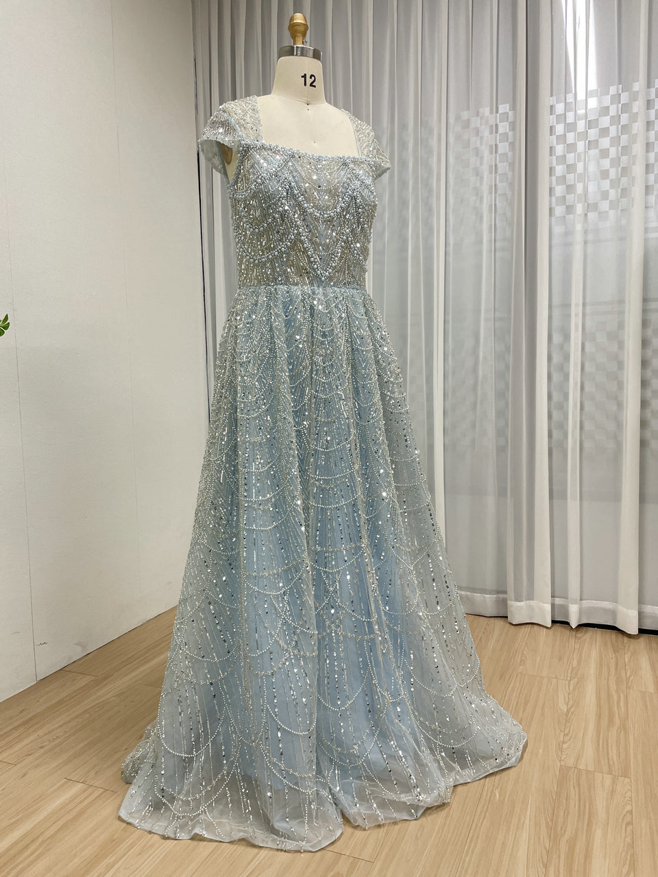 Shimmering Light Blue Beaed A-Line Prom Dress Square Neck Cap Sleeve Gown MY30105L-3B