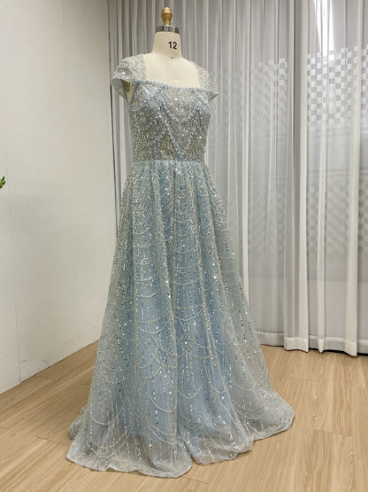 Shimmering Light Blue Beaed A-Line Prom Dress Square Neck Cap Sleeve Gown MY30105L-3B