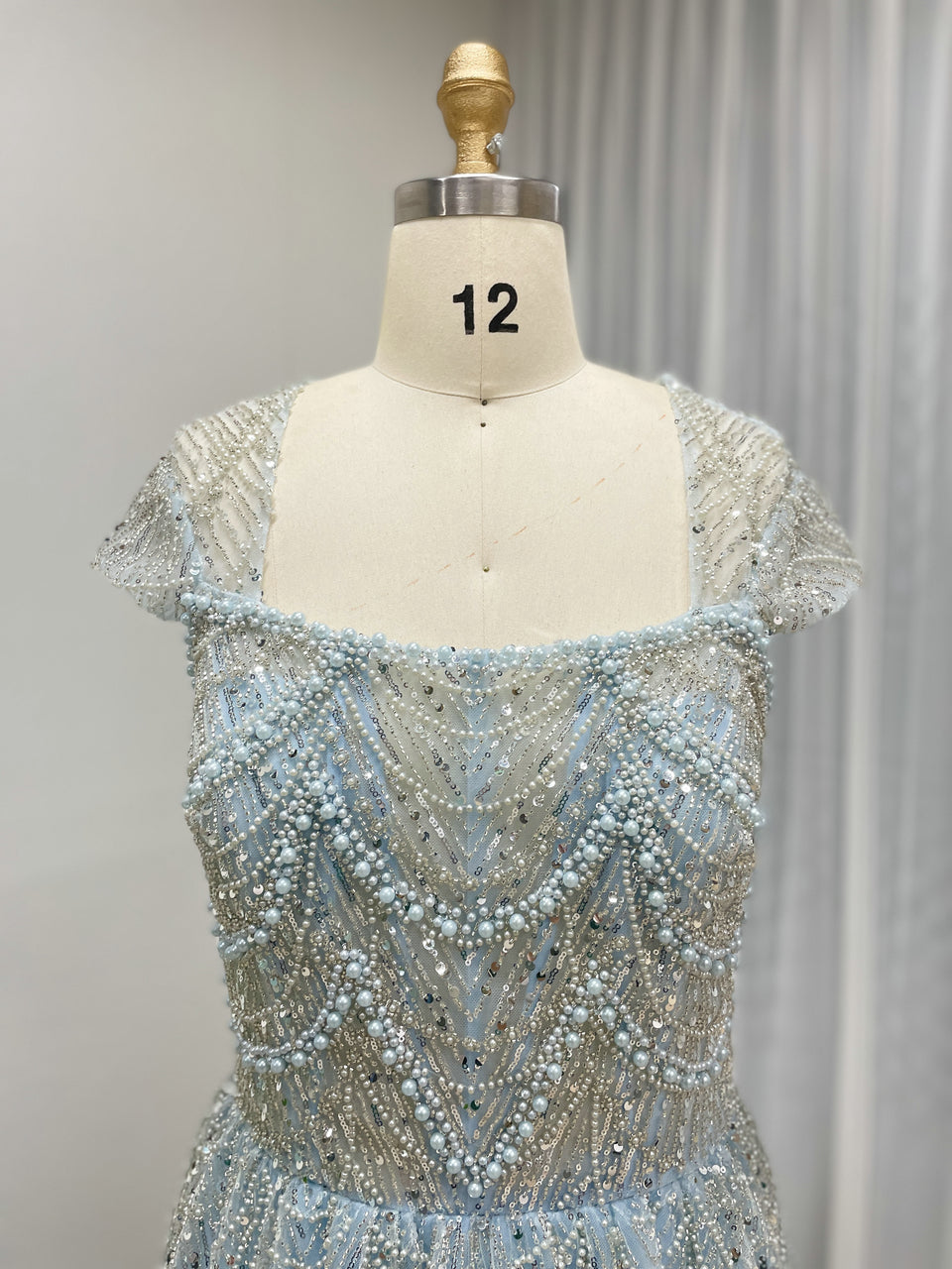Shimmering Light Blue Beaed A-Line Prom Dress Square Neck Cap Sleeve Gown MY30105L-3B