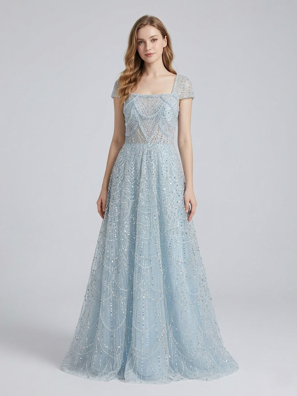 Shimmering Light Blue Beaed A-Line Prom Dress Square Neck Cap Sleeve Gown MY30105L-3B