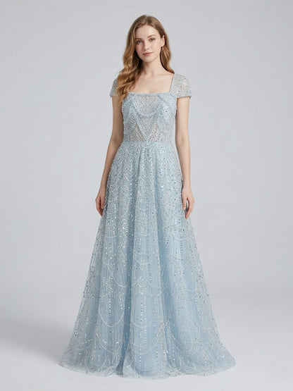 Shimmering Light Blue Beaed A-Line Prom Dress Square Neck Cap Sleeve Gown MY30105L-3B