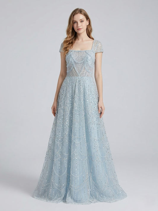 Shimmering Light Blue Beaed A-Line Prom Dress Square Neck Cap Sleeve Gown MY30105L-3B