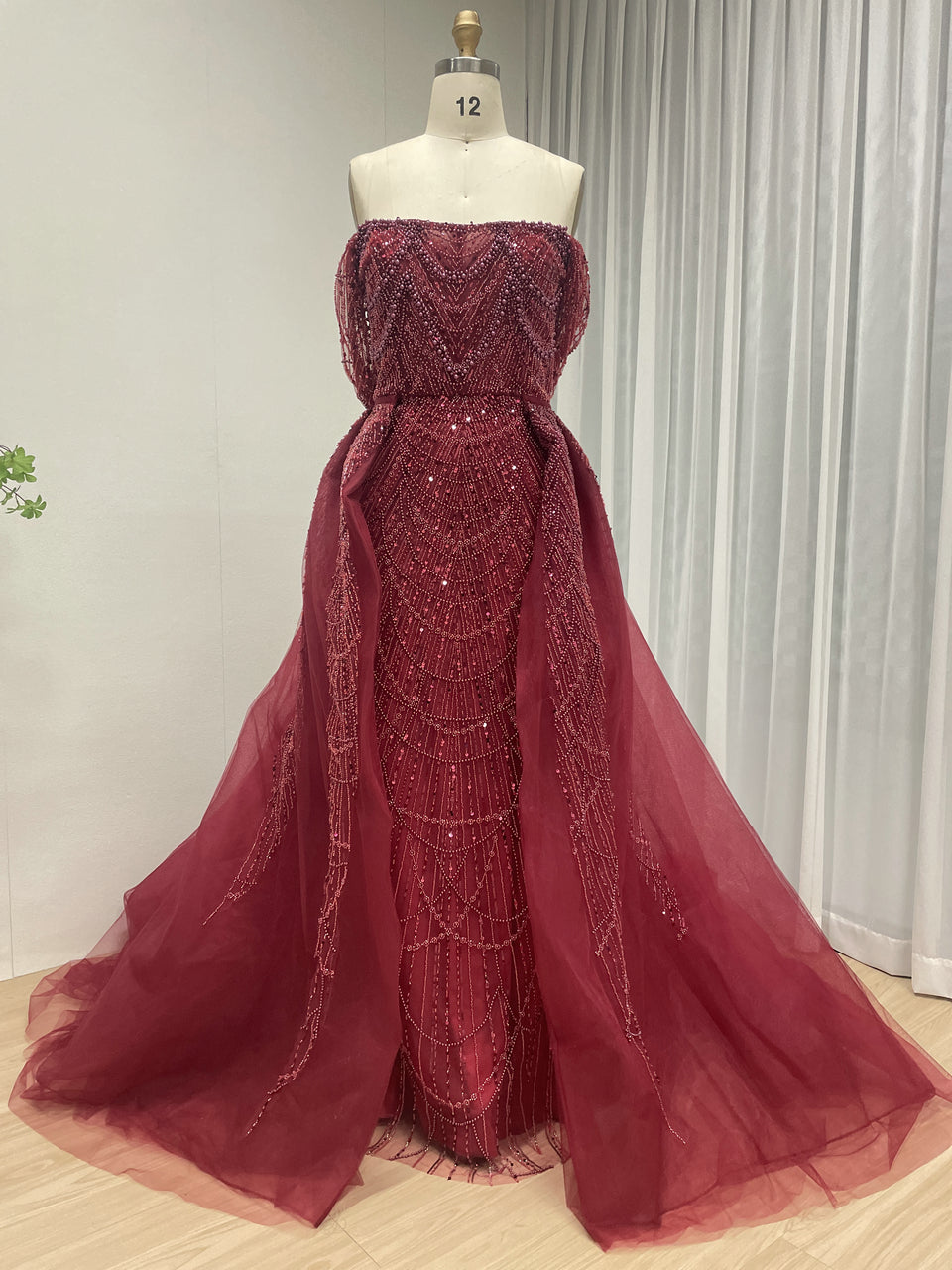 Designer Wine Red Evening Dress with Detachable Train and Embellished Bodice MY30105L-3
