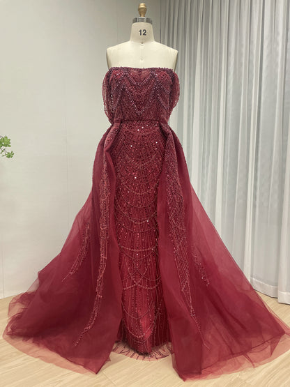 Designer Wine Red Evening Dress with Detachable Train and Embellished Bodice MY30105L-3