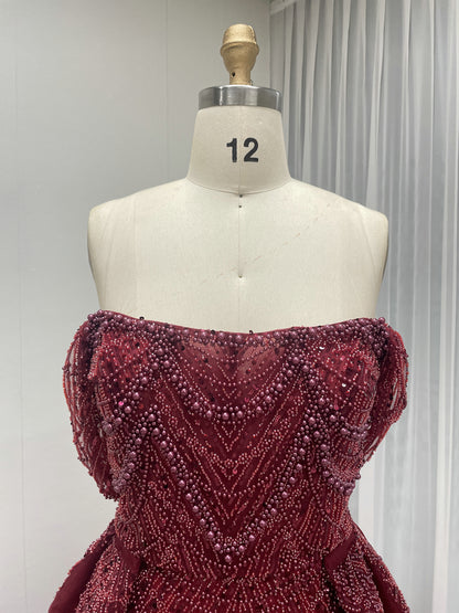 Designer Wine Red Evening Dress with Detachable Train and Embellished Bodice MY30105L-3