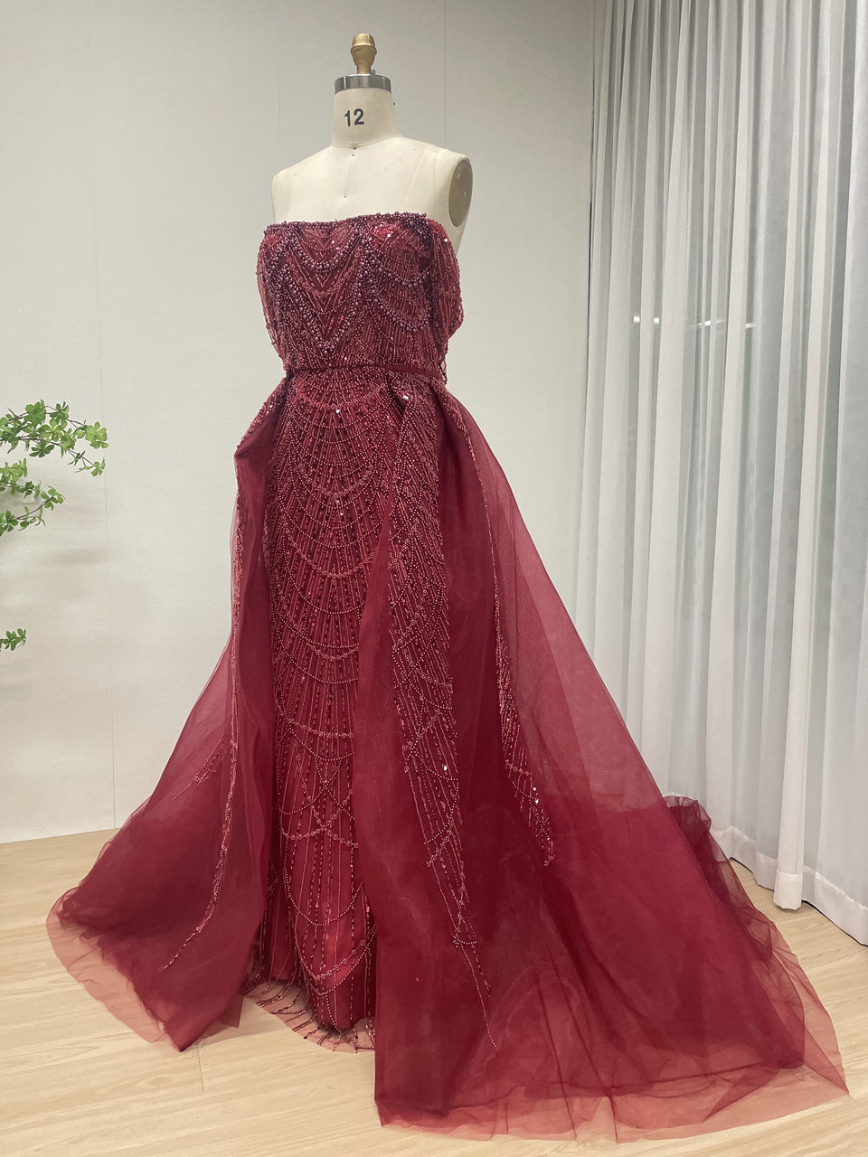 Designer Wine Red Evening Dress with Detachable Train and Embellished Bodice MY30105L-3