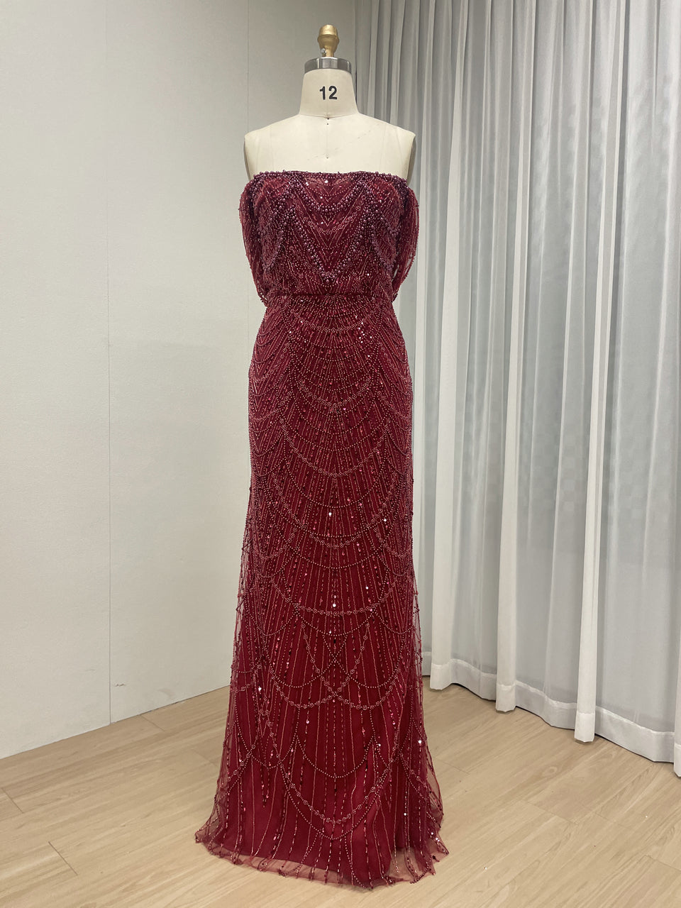 Designer Wine Red Evening Dress with Detachable Train and Embellished Bodice MY30105L-3