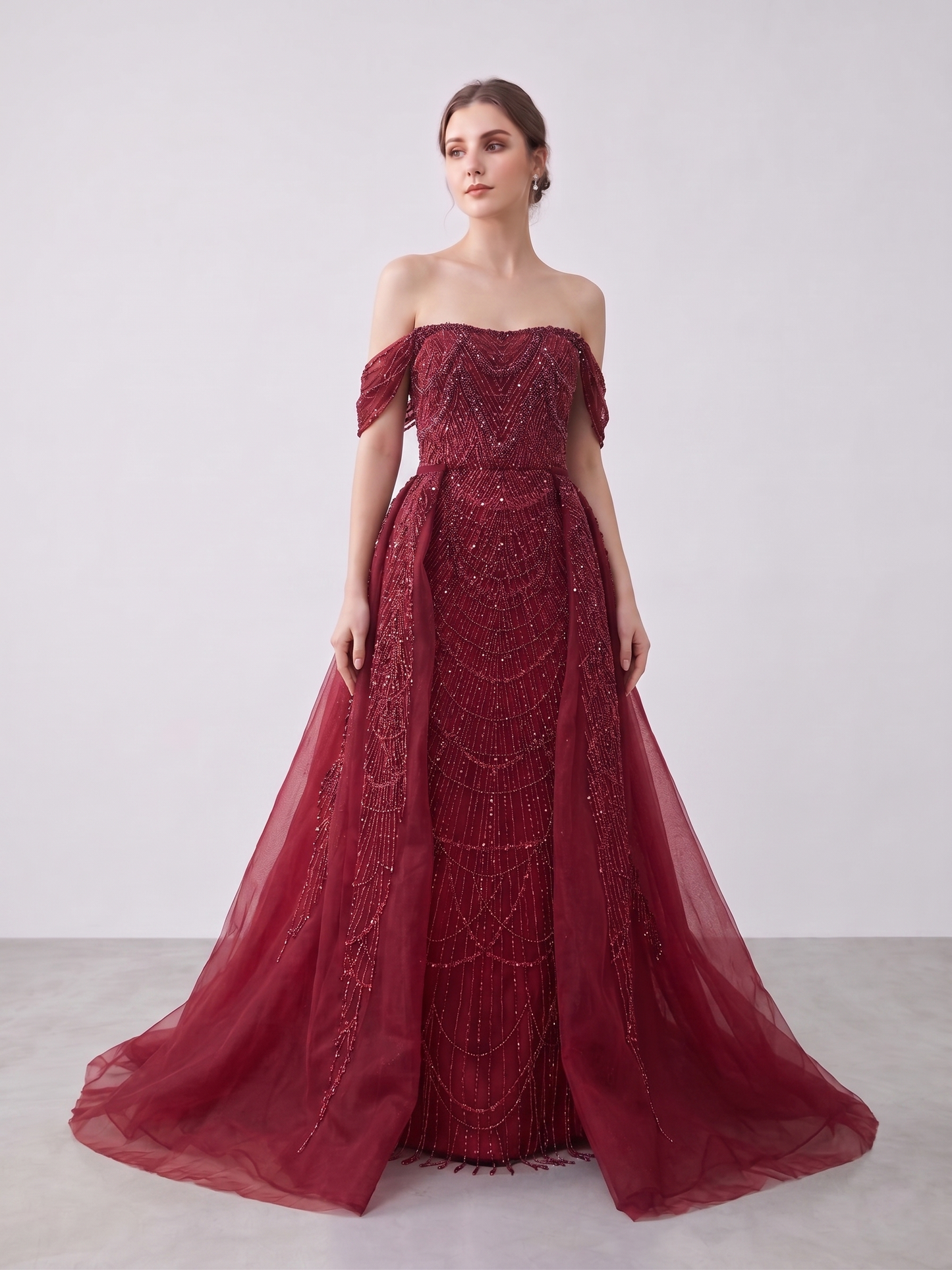 Designer Wine Red Evening Dress with Detachable Train and Embellished Bodice MY30105L-3
